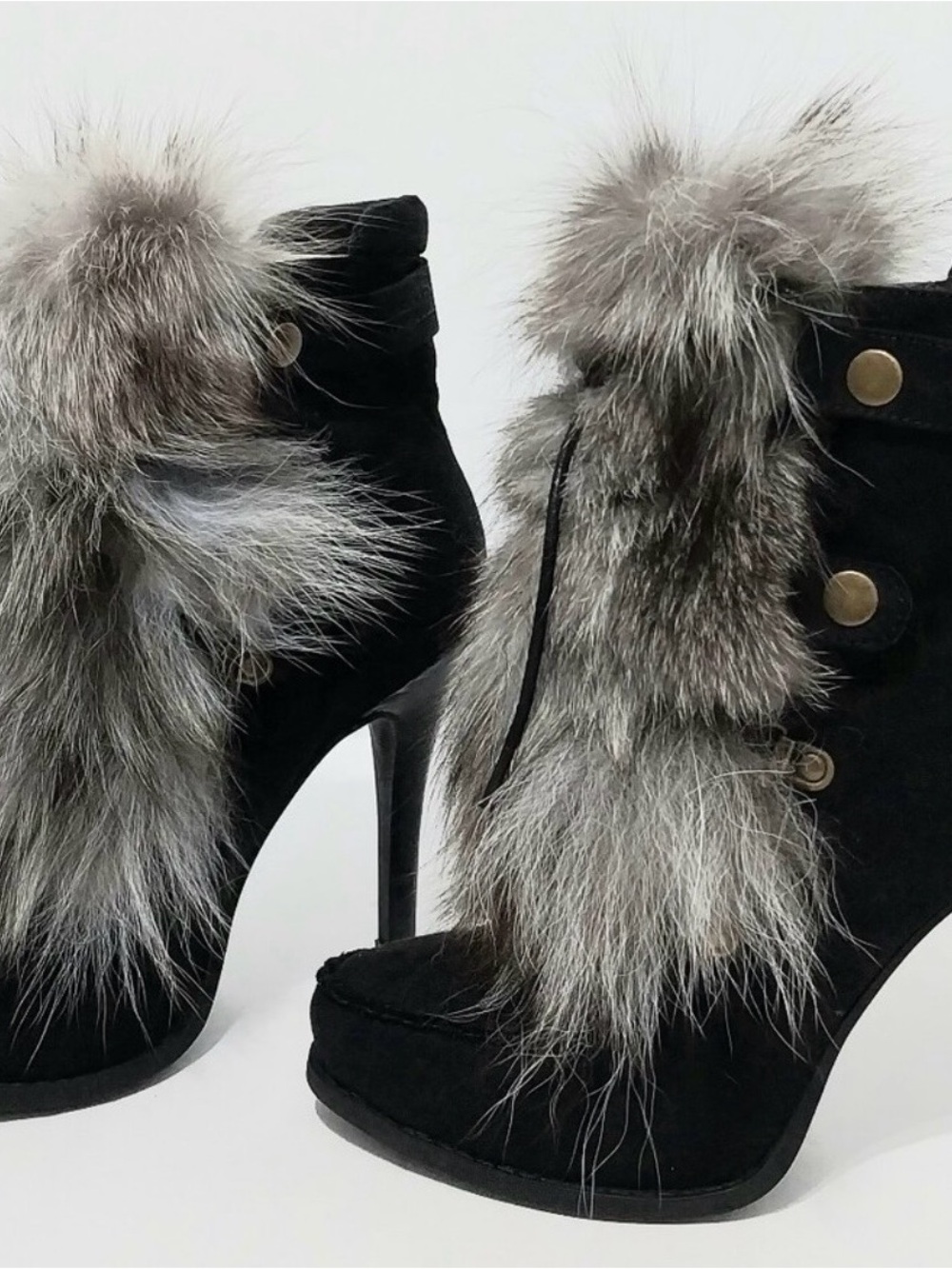 Chinese Laundry Black Suede Ankle Boots with Gray Faux Fur Trim